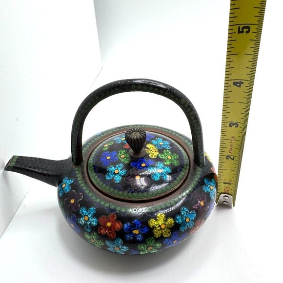 Cloisonné Vtg Floral Teapot Handle Lid Multicolor Enamel On Black Metal 5.5" - Picture 3 of 11